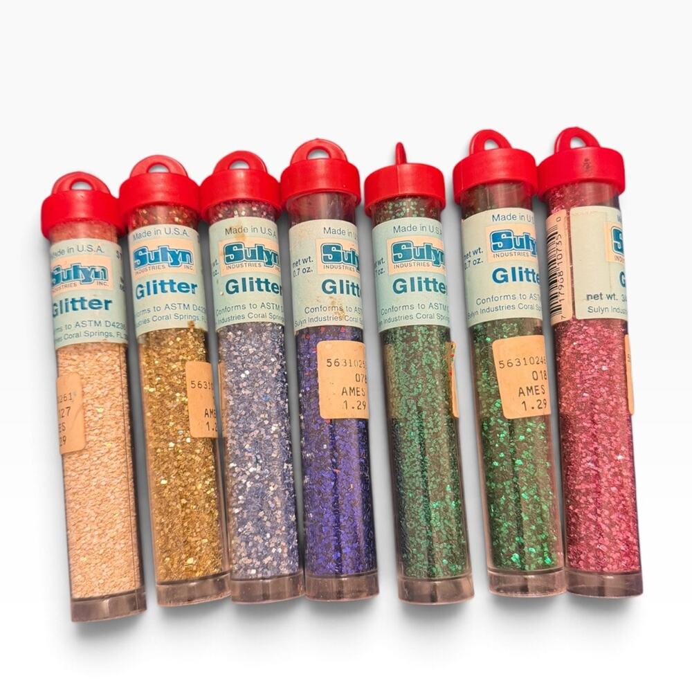 Vintage Lot Of SULYN Glitter with Screw Caps 7 Tubes .7 oz No. 6625 USA Made
